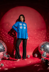 Rose Applique Pleated Shirt| Blue