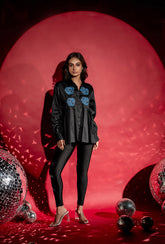 Rose Applique Pleated Shirt| Denim Applique