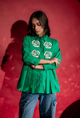 Rose Applique Pleated Shirt| Green