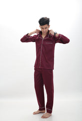 Luxe Maroon Notched Collar Pyjama Set (Men)