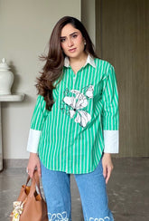 Nikita Vasdev In Fleur Green Stripes Shirt