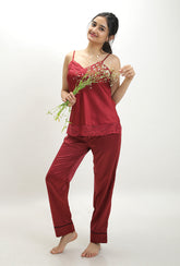 Maroon Satin Camisole Pyjama Set