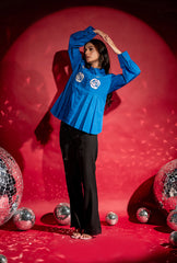 Rose Applique Pleated Shirt| Blue