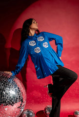 Rose Applique Pleated Shirt| Blue