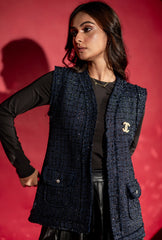 Jadore Sleeveless Tweed Jacket Set | Navy
