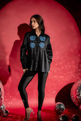 Rose Applique Pleated Shirt| Denim Applique