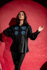 Rose Applique Pleated Shirt| Denim Applique