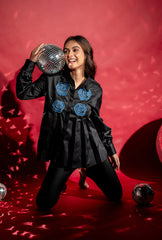 Rose Applique Pleated Shirt| Denim Applique