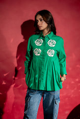 Rose Applique Pleated Shirt| Green