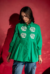 Rose Applique Pleated Shirt| Green