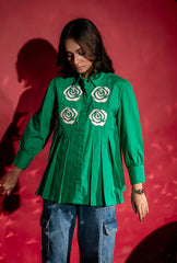 Rose Applique Pleated Shirt| Green
