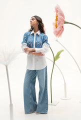 Mitali Wadhwa In Celestial Blue & White Pearls Shirt