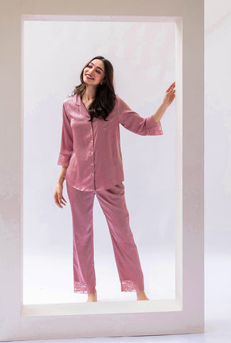 Pink Satin Pyjama Set