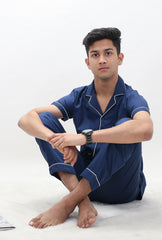 Luxe Blue Notched Collar Pyjama Set (Men)