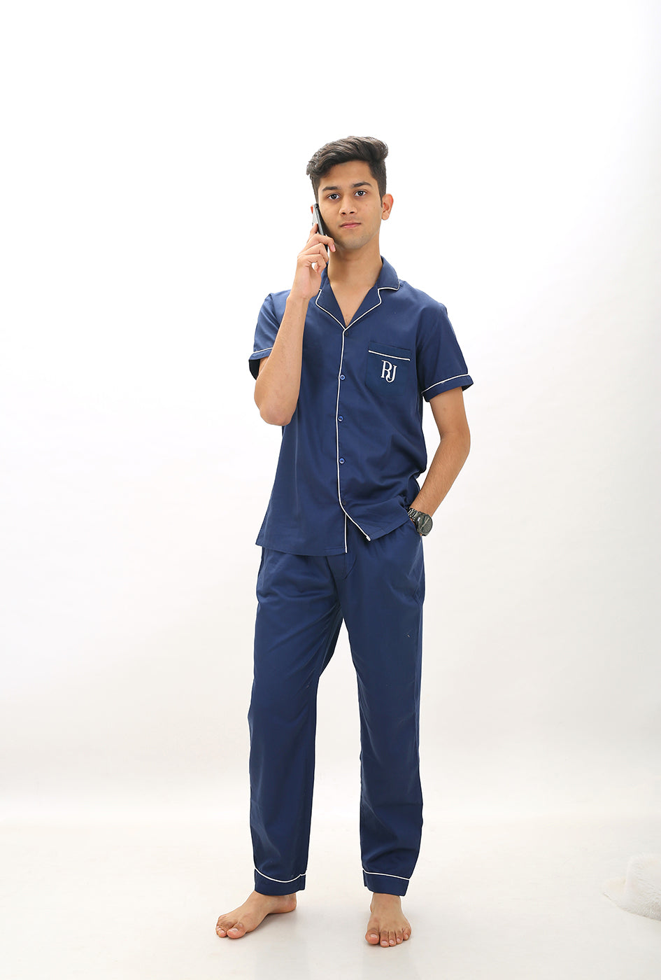 Luxe Blue Notched Collar Pyjama Set (Men)