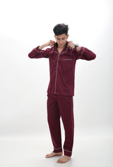 Luxe Maroon Notched Collar Pyjama Set (Men)