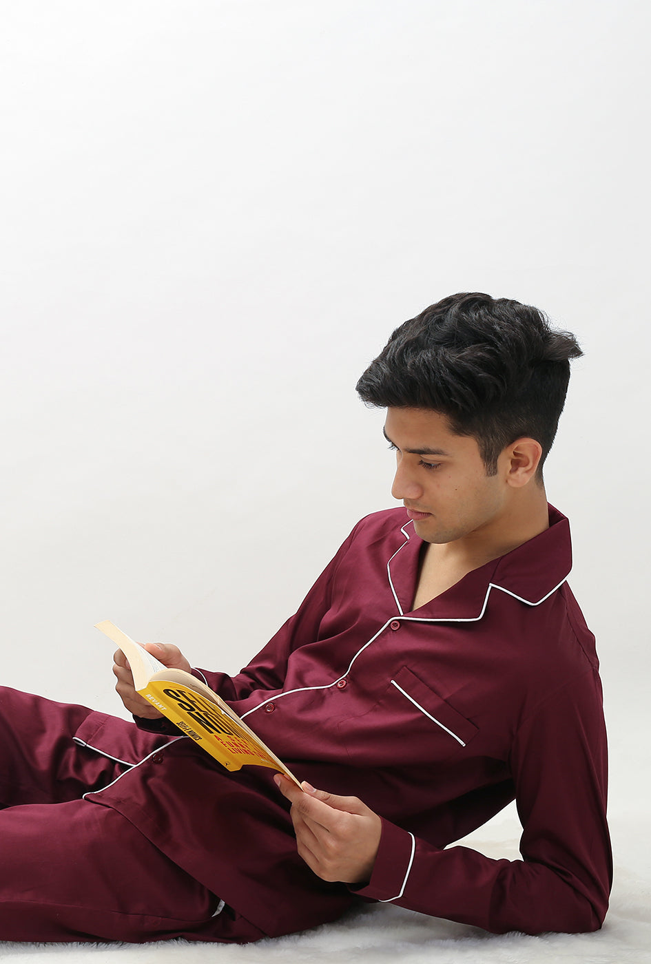 Luxe Maroon Notched Collar Pyjama Set (Men)