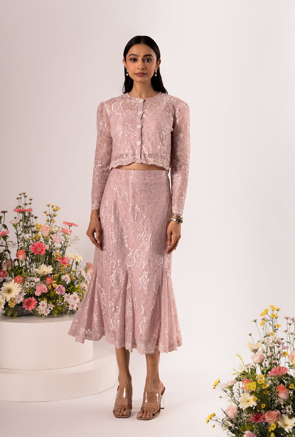 Noire' Pink Lacey Skirt Set