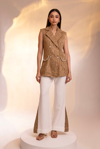 Soho Sleeveless Jacket Set |Gold & White