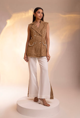 Soho Sleeveless Jacket Set |Gold & White
