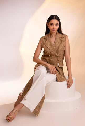 Soho Sleeveless Jacket Set |Gold & White