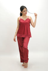 Maroon Satin Camisole Pyjama Set