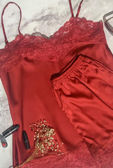 Maroon Satin Camisole Shorts Set